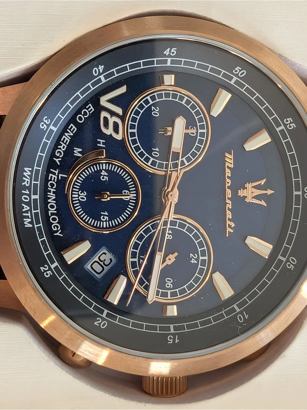 Black Strap Rose Gold Case Chronograph Watch